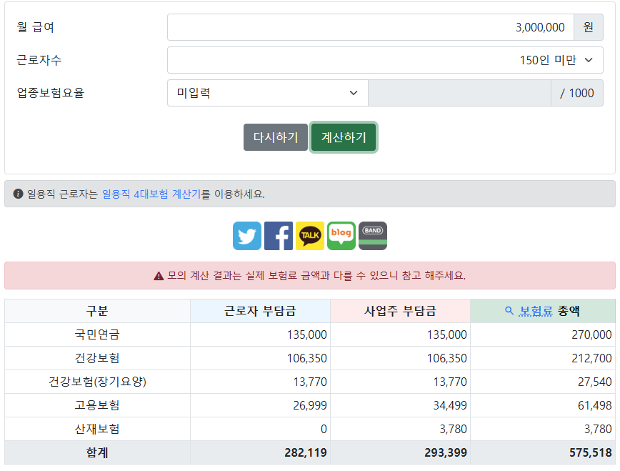 4대보험료 계산기의 결과