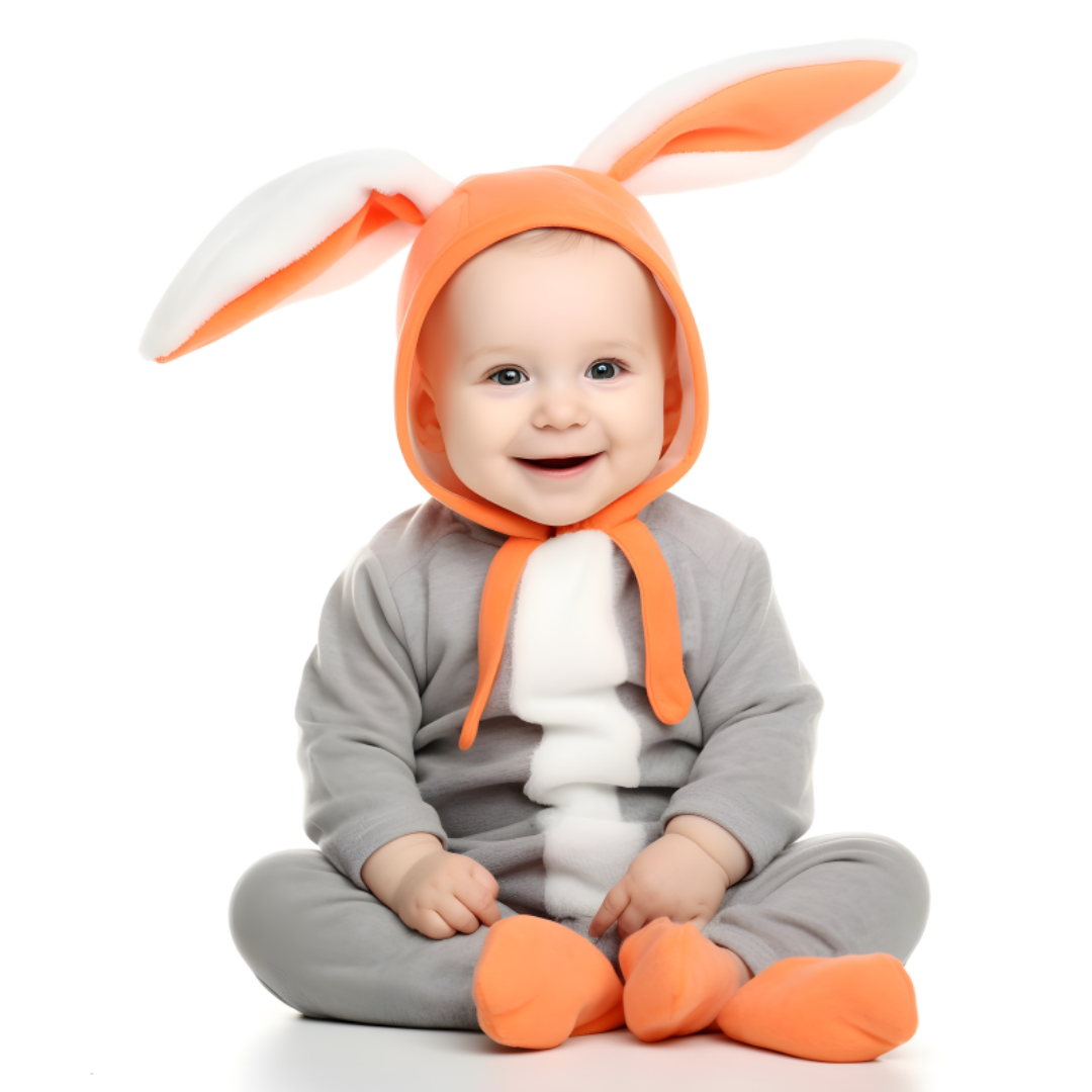 토끼 옷을 입고 웃고 있는 외국 아기