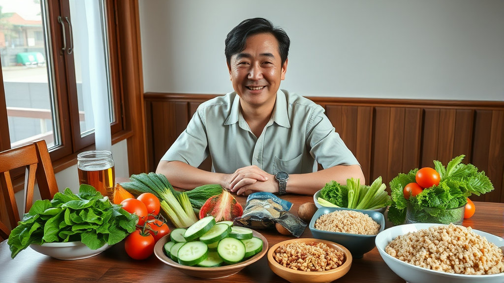채소와 통곡물 위주의 식사를 준비하는 남성
