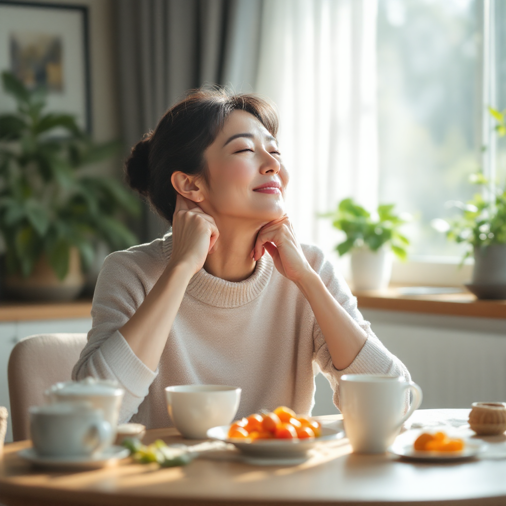 갱년기 엄마 영양제 복용 장면