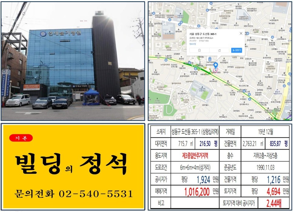  [성동구 메디컬빌딩 100억 꼬마빌딩 실거래가 조회] 도선동 365-1 (상왕십리역) 101억 6,200만 원, 평당 4,694만 원 매매되었습