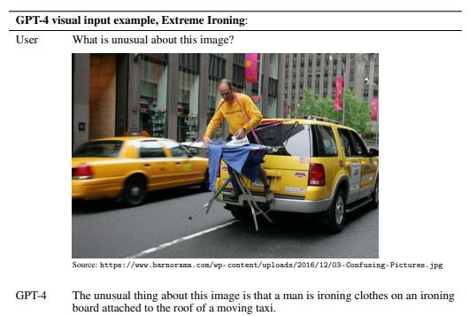 이 사진에서 특이점 질문의 답변 : 움직이는 택시위에 남자가 다리미질 함