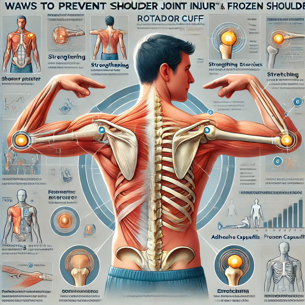 어깨 관절 손상을 예방하고 회전근개 및 오십견을 관리하는 그래픽