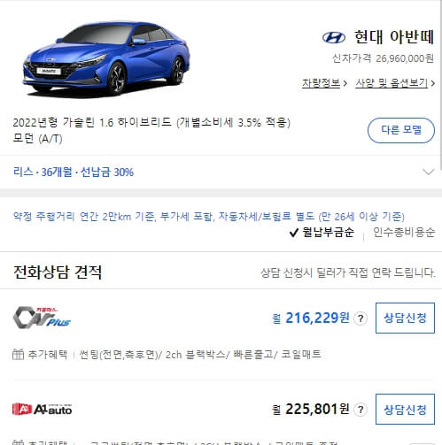 2023년 아반떼 하이브리드 리스 가격표