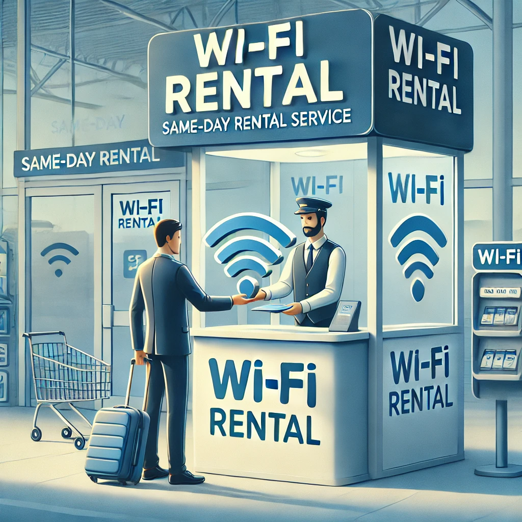 여행자가 공항에서 와이파이 기기를 대여하는 모습, 대여 부스와 'Wi-Fi Rental' 표지판이 보임.&quot;