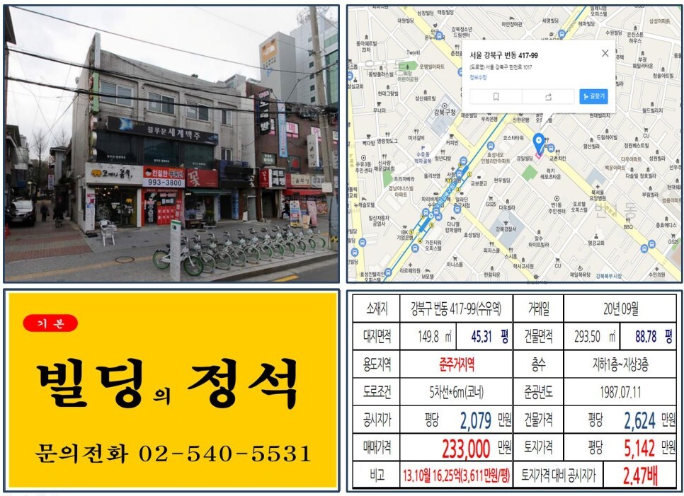  [강북구 수유동 먹자골목 20억 꼬마빌딩 실거래가 조회] 번동 417-99 (수유역) 23.3억 원, 평당 5,142만 원 매매되었습니다. 강북구청, 수유역두산위브 아파트