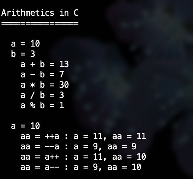 screenshot of terminal console, showing the result of an example program to do arithmetic