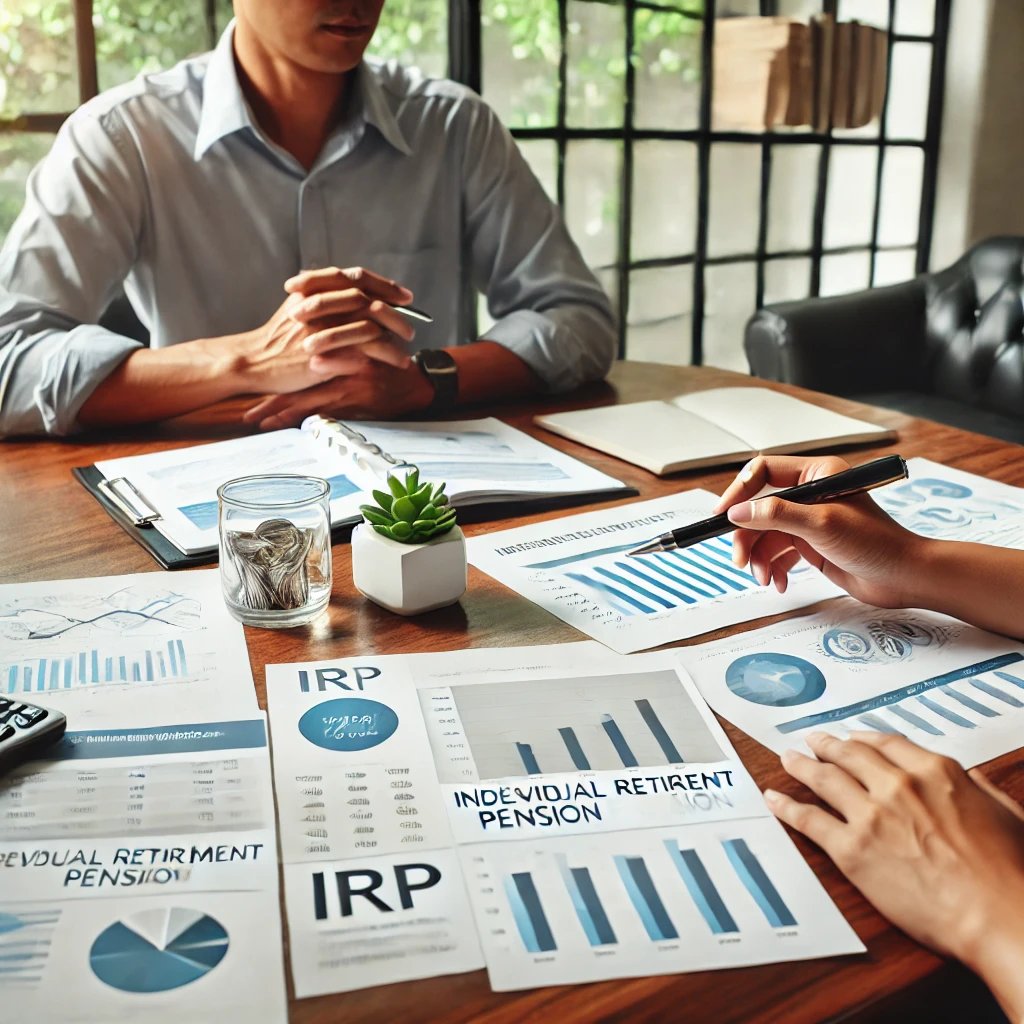 In a meeting room, two people are discussing their Individual Retirement Pension (IRP) account and financial planning. The table is covered with docum