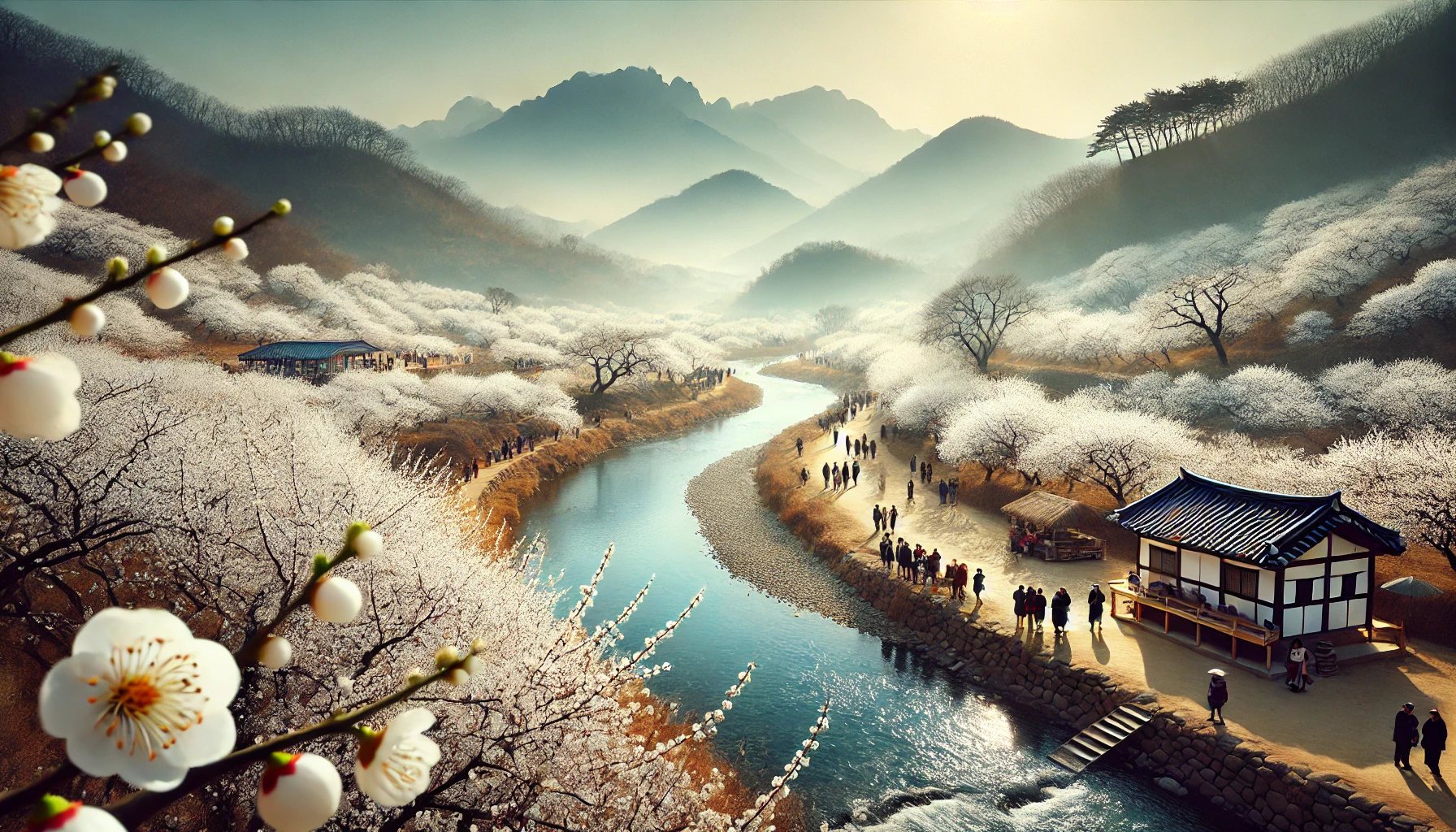 섬진강변을 따라 만개한 광양 매화축제의 아름다운 풍경. 순백의 매화꽃이 흐드러지게 핀 마을에서 방문객들이 봄의 정취를 즐기며 산책하는 평화로운 장면