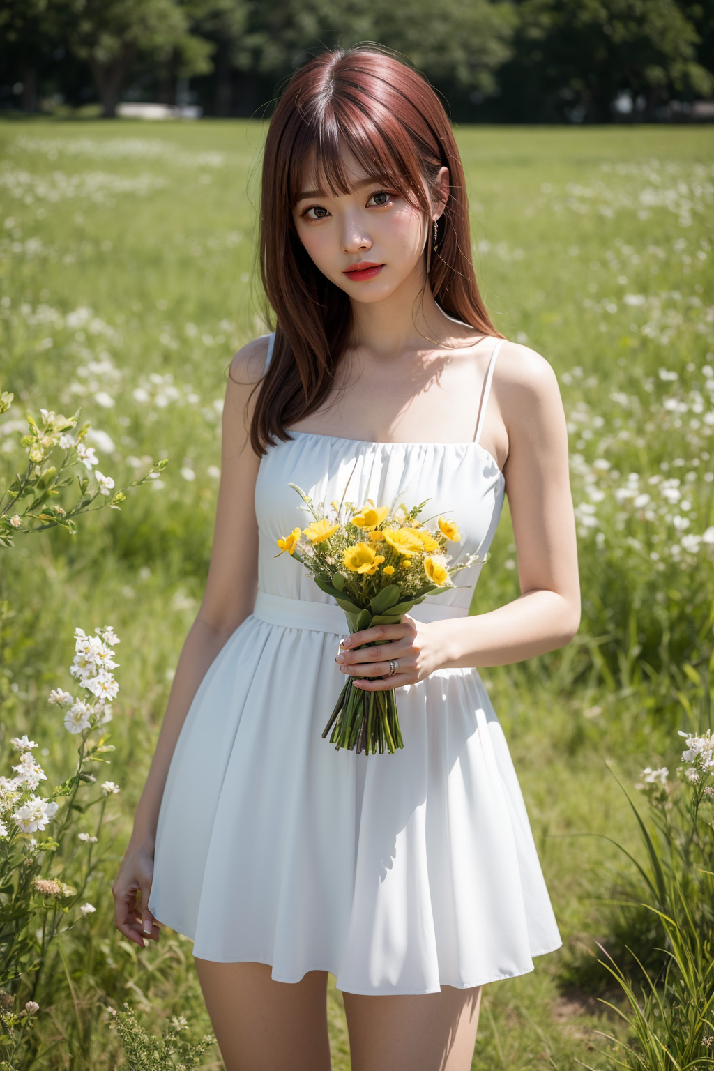  AI로 생성한 들판에서 꽃을든 청순녀 이미지 - 1