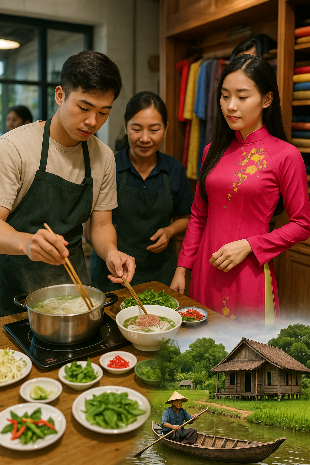 쌀국수 쿠킹 클래스, 아오자이 맞춤 의상 체험, 그리고 전통 농장·어촌 홈스테이 장면