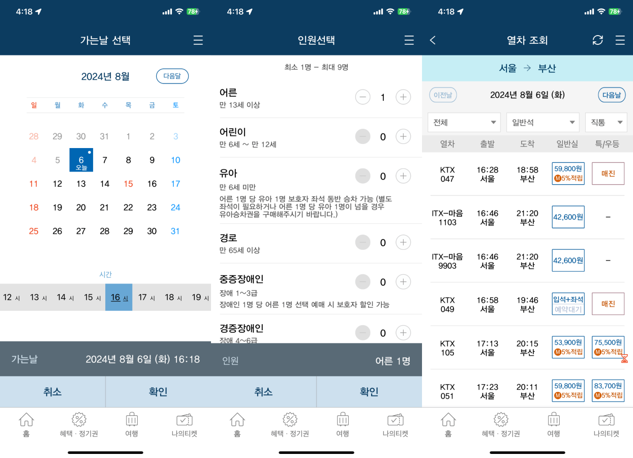 가는 날, 인원, 열차편을 선택합니다.