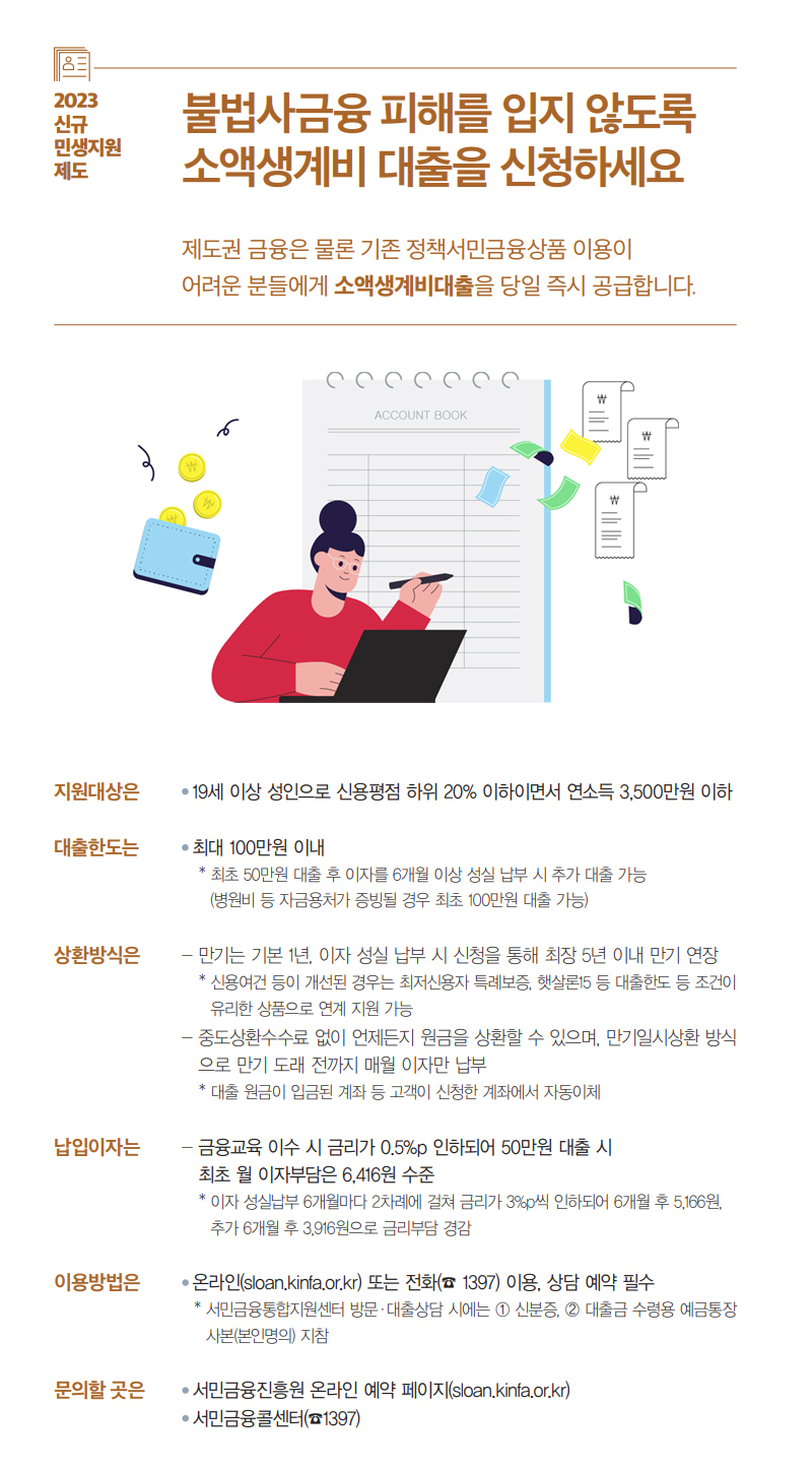  불법사금융 피해 입지 않도록 소액생계비 대출 신청하세요!
