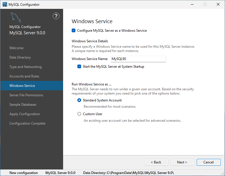 MySQL 9.0.0 - 환경 설정 - 윈도우 서비스 관련 설정