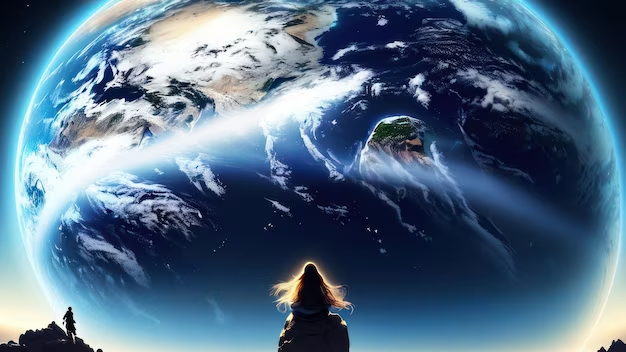 거시적 관점-우주에서 지구를 한눈에 바라보고 있는 여성