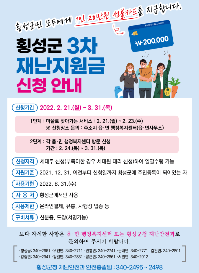 횡성군 3차 재난지원금 1인당 20만 원 선불카드 대상 및 신청방법