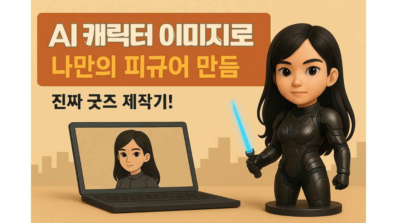 AI 캐릭터 이미지를 활용해 나만의 피규어를 만드는 과정을 소개하는 썸네일 이미지. 연한 베이지색 배경에 전신 검정 슈트를 입은 여성 캐릭터 피규어가 서 있고, 왼쪽에는 노트북 화면에 캐릭터 그림이 표시되어 있다. 상단에는 “AI 캐릭터 이미지로 나만의 피규어 만들기”라는 굵은 한글 문구가 강조되어 있다. AI로 만든 캐릭터 이미지를 기반으로 실물 굿즈를 제작하는 방법을 안내하는 디자인이다.