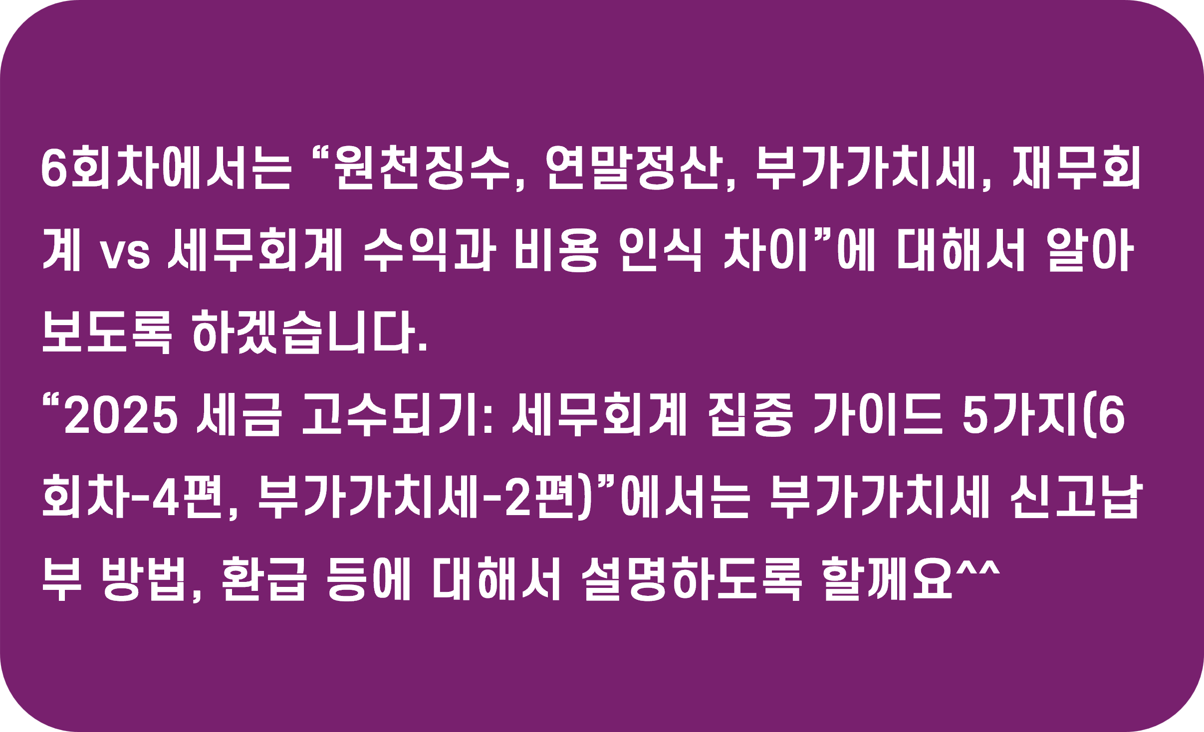 2025 세금 고수되기: 세무회계 집중 가이드(6회차-4편, 부가가치세-2편) 요약 설명