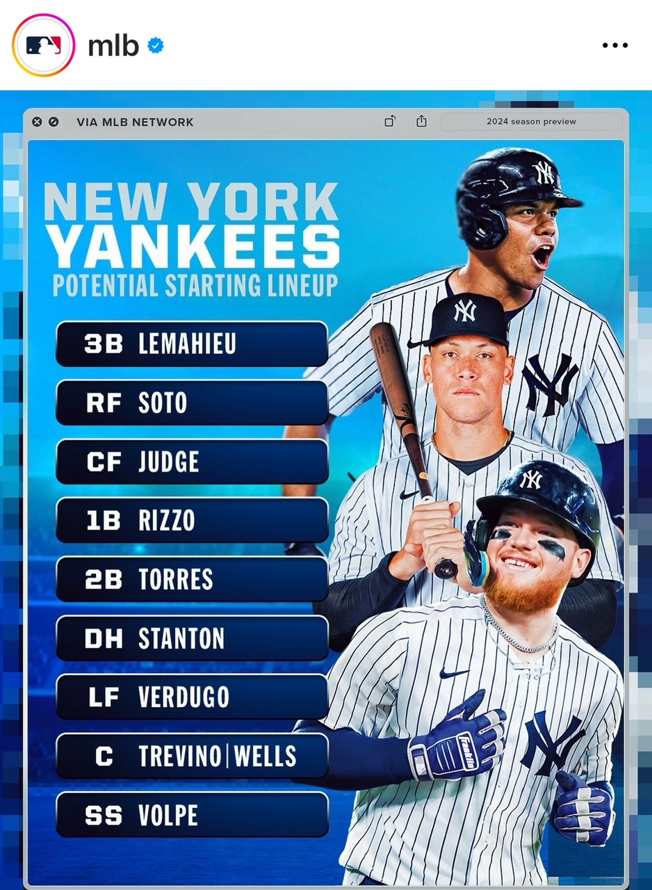 2024년 시즌 뉴욕 양키스 예상라인업(출처: MLB 인스타그램)