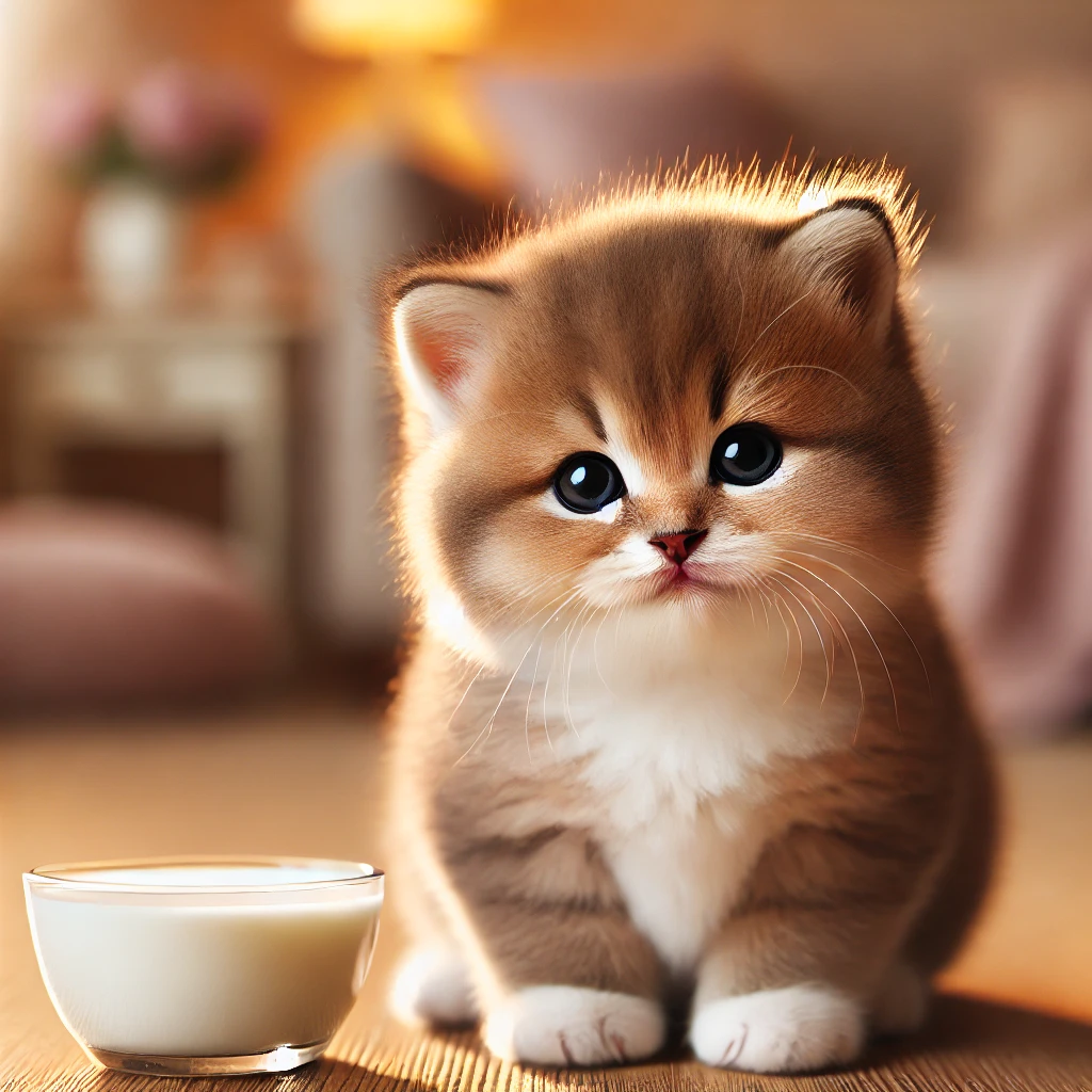 sullen cat with a milk bowl