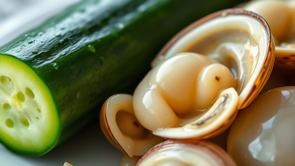 반으로 자른 오이 단면과 통통한 골뱅이 살을 클로즈업하여 보여주며 두 재료의 신선함과 질감을 강조하는 이미지.