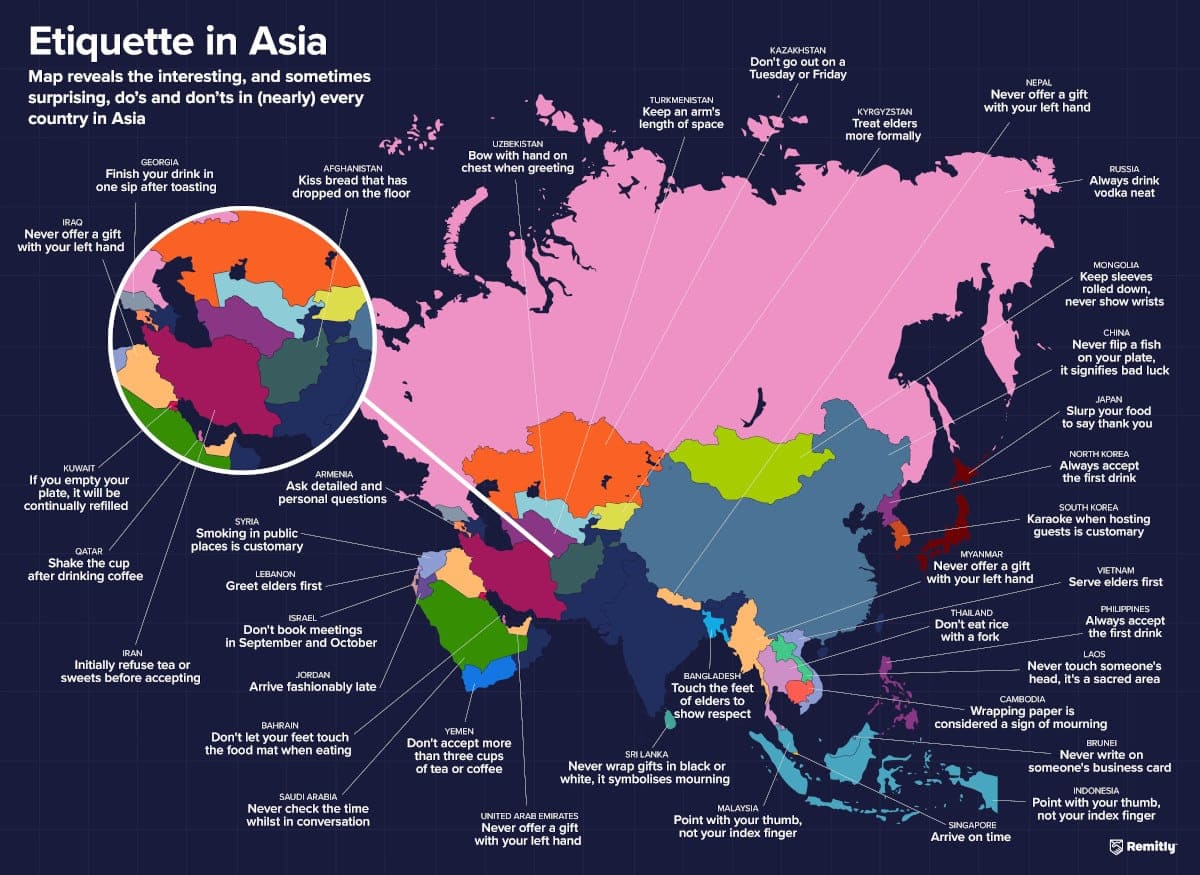 여행자를 위한 해외 각국의 에티켓 지도 Insightful Map Reveals Different Etiquette Practices Around the World
