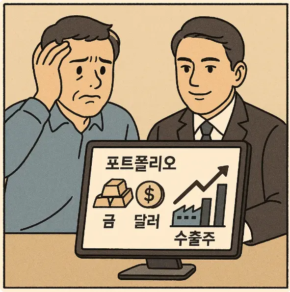 불안한 일반 투자자와 달리, 금·달러·수출주로 자산을 구성하며 미소 짓는 부자의 대조 장면