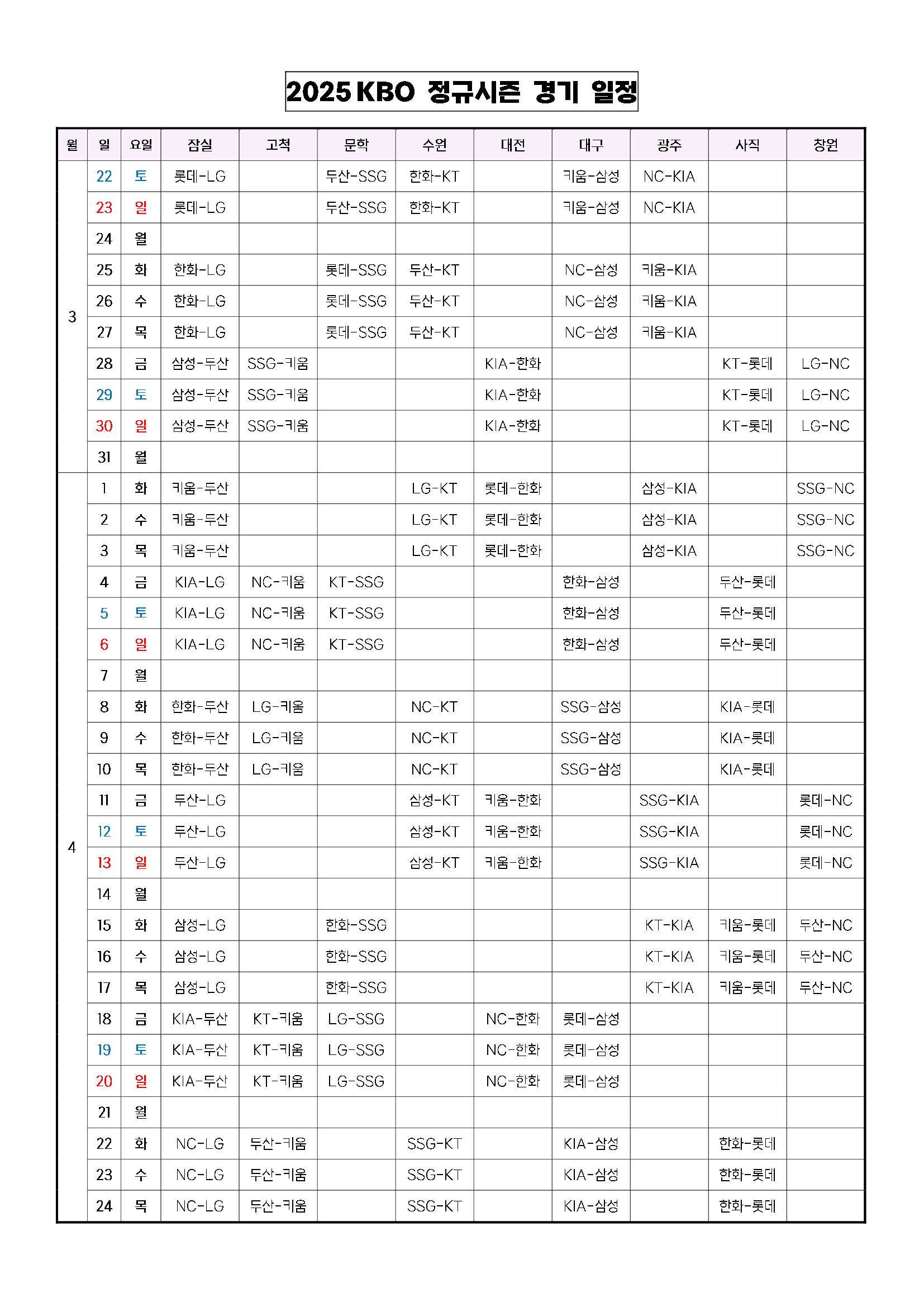 2025 KBO 일정