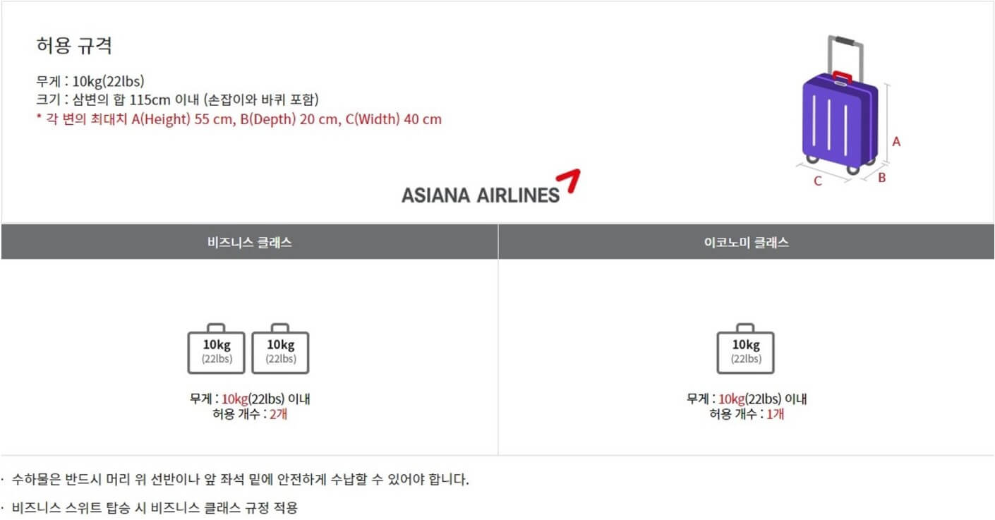 아시아나항공 기내 수화물
아시아나 수화물 무게