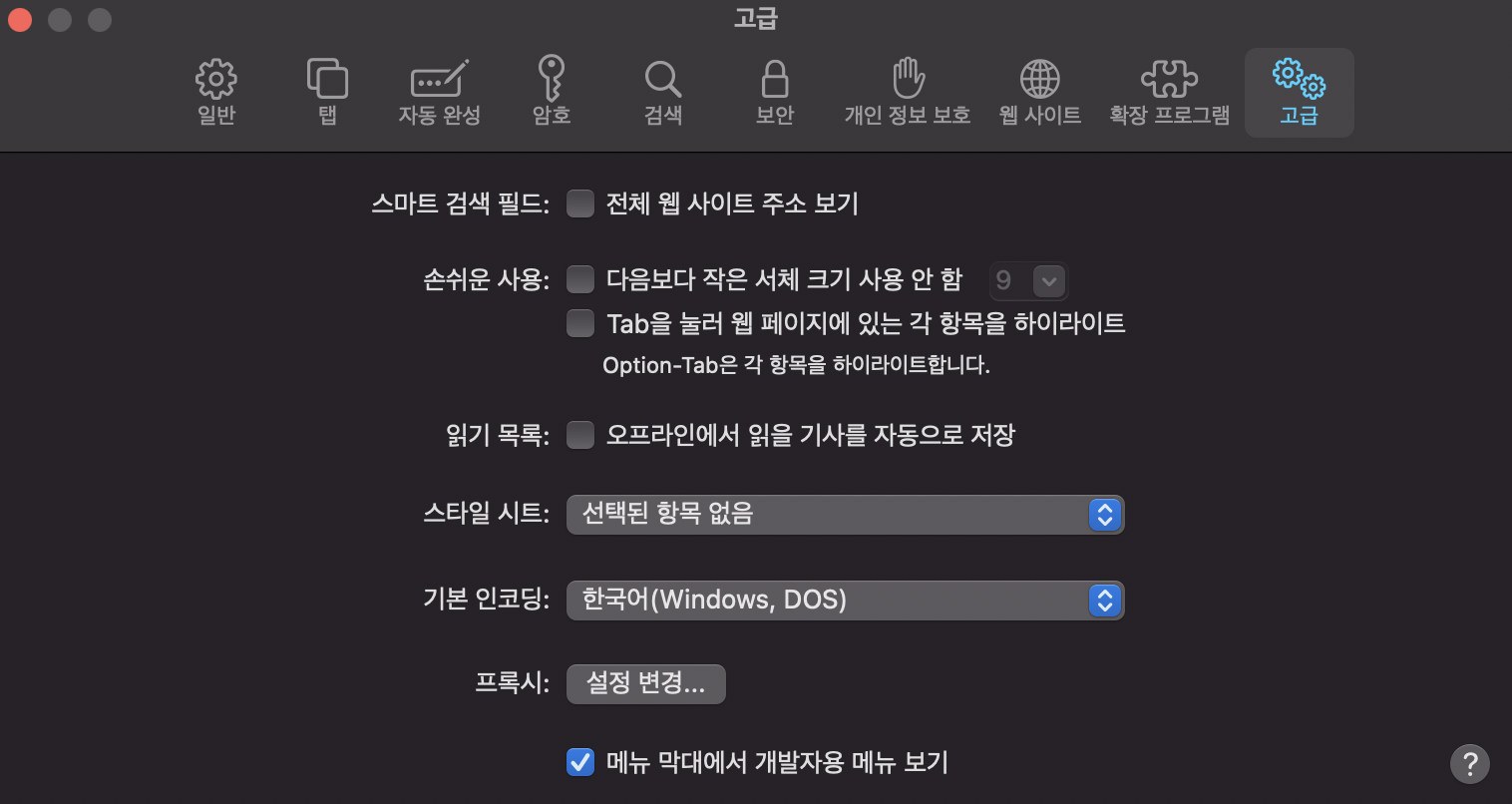메뉴 막대에서 개발자용 메뉴 보기