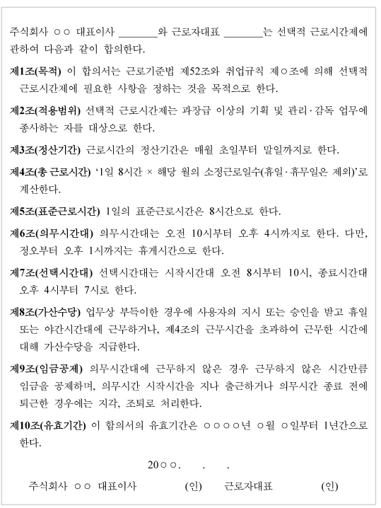 선택적 근로시간제도 서명합의서 예시