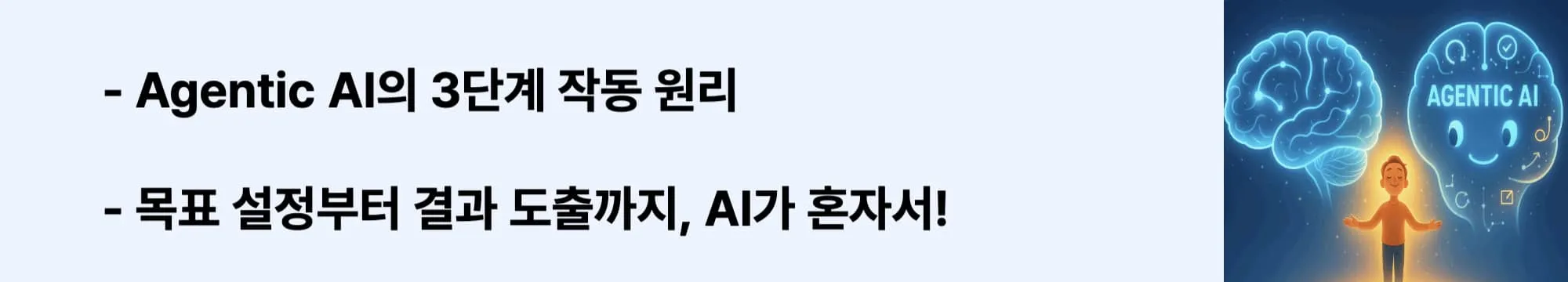 ‘Agentic AI의 3단계 작동 원리’라는 문구가 포함된 웹배너 이미지. 이 이미지는 자율 에이전트의 작동 구조를 시각적으로 전달하며, 블로그의 Agentic AI 기술 설명 주제와 관련된 내용을 설명함 (Agentic AI execution steps, autonomous flow)