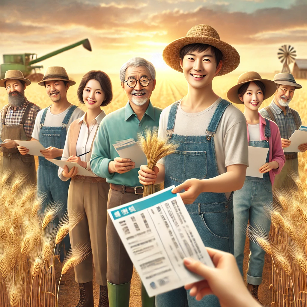 밀밭 앞에서 공익직불금 안내서를 받은 농민들이 환하게 웃으며 서 있는 장면 &ndash; 2025 기본형 직불제 참여 독려 포스터