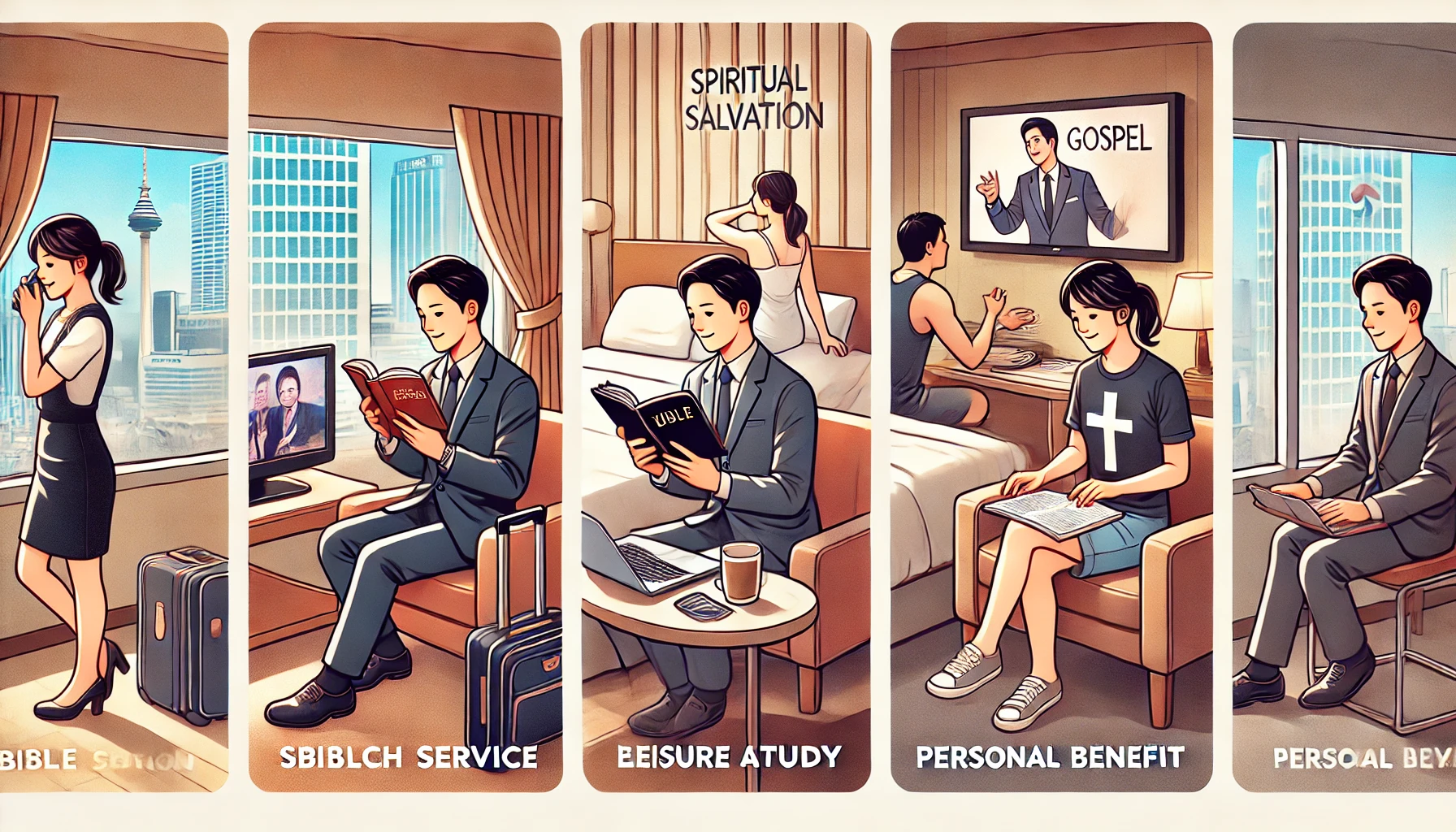 Here is the illustration you requested&amp;#44; depicting a modern person making decisions focused on spiritual salvation rather than personal benefit in three different scenarios. The scenes show the person attending a church service&amp;#44; engaging in Bible study and prayer&amp;#44; and sharing the gospel with a colleague. Each scene contrasts spiritual commitment with personal convenience&amp;#44; emphasizing determination and peace in the person&amp;#39;s actions.