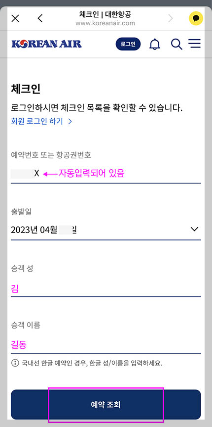 대한 항공 항공권 예약