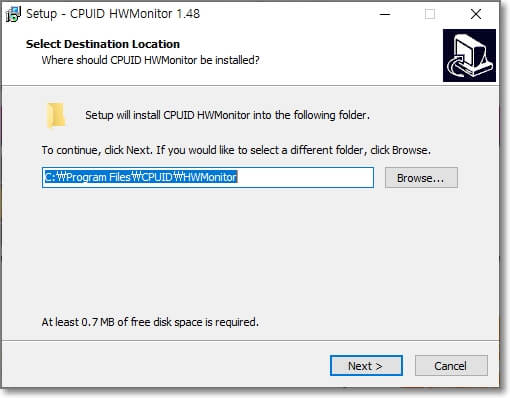 HWMonitor를 어디에 설치할 것인지 설치 경로를 지정하는 화면을 표시한 사진입니다.