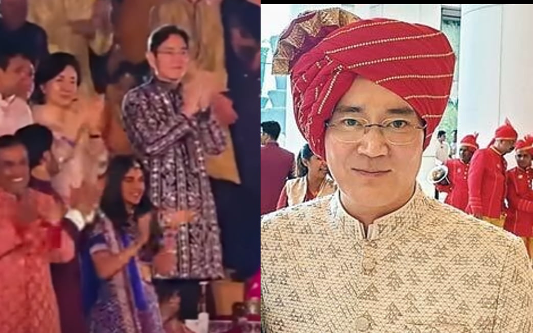 인도 전통의상을 입고 2019년 무케시 암바니 회장 장남 결혼식에 참여한 이재용 삼성전자 회장.