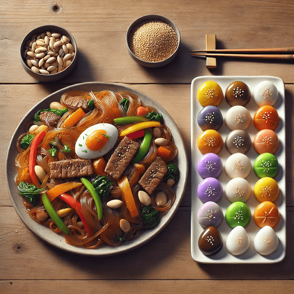 명절을 위한 전통적인 명절 음식 레시피 잡채와 송편