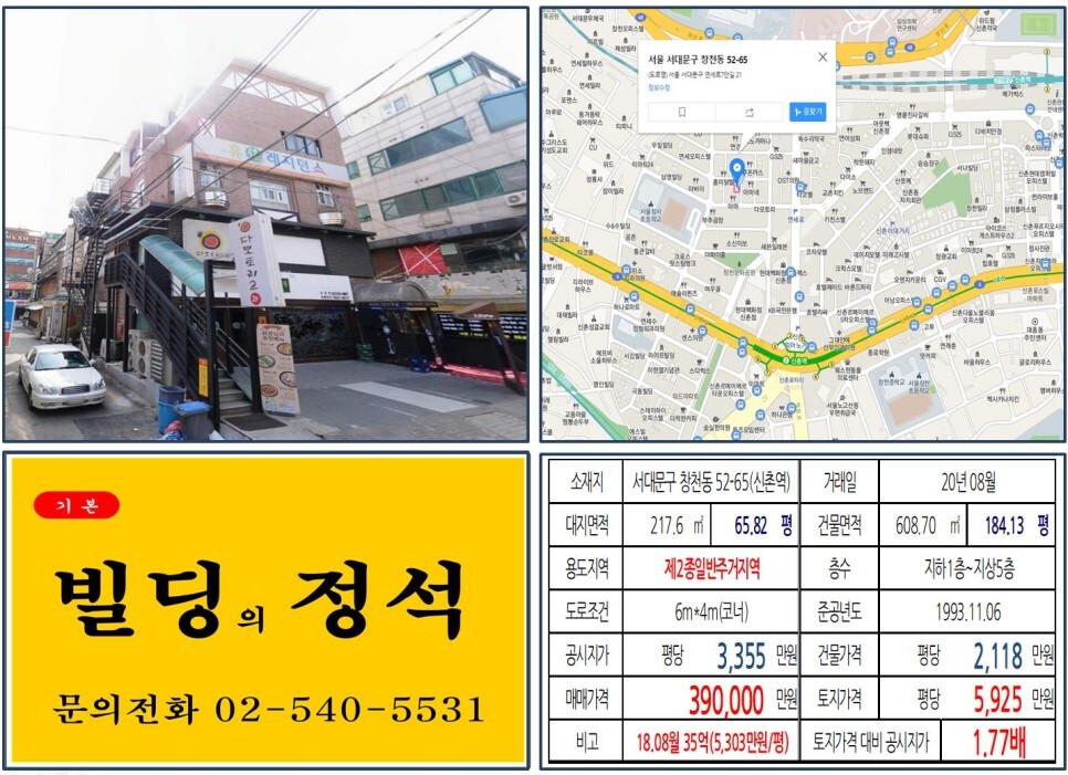  [서대문구 수익용 30억 꼬마빌딩 실거래가 조회] 창천동 52-65 (신촌역) 39억 원, 평당 5,925만 원 매매되었습니다. 신촌 먹자상권,