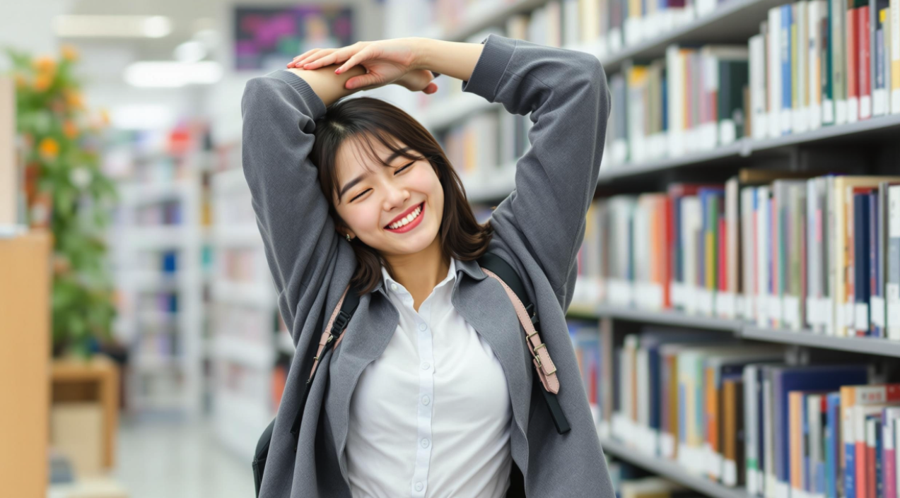 도서관에서 책상에서 스트레칭하는 여학생
