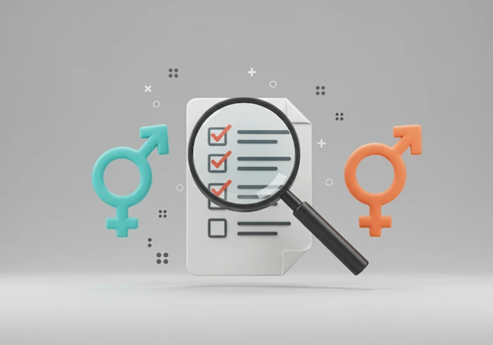 돋보기와 체크리스트를 이용한 남녀 갱년기 자가진단 상징 이미지