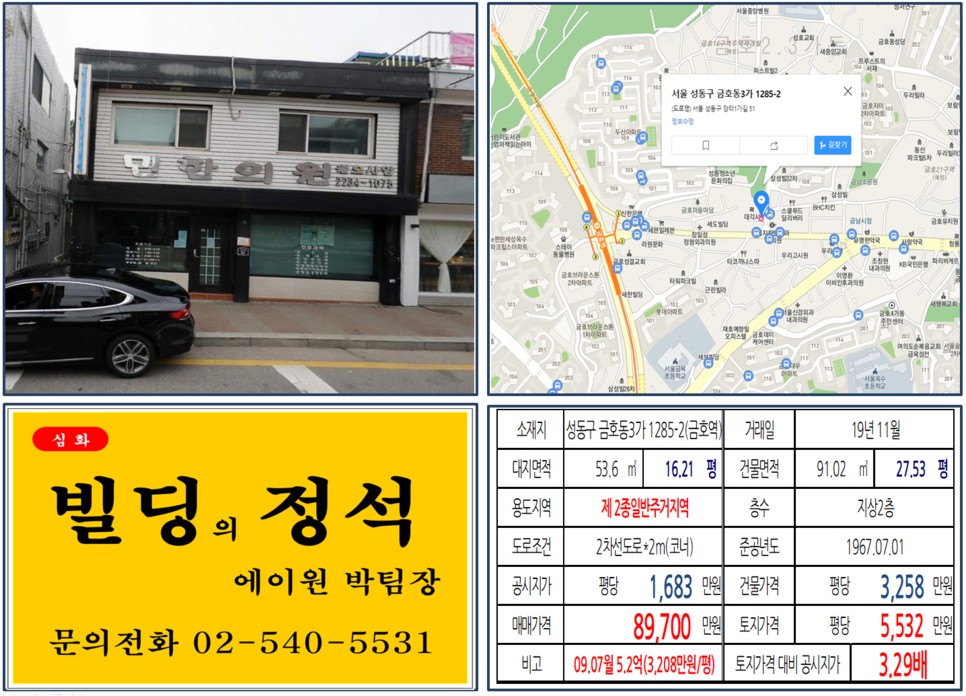  [성동구 금남시장 초소형 꼬마빌딩 실거래가 조회] 금호동3가 1285-2 (금호역) 8.97억 원, 평당 5,532만 원, 금호22구역재개발지역