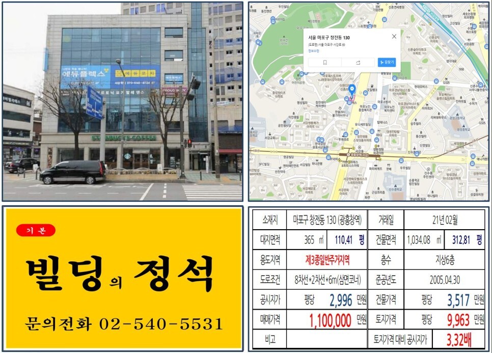  [마포구 스타벅스 110억 올근생 꼬마빌딩 실거래가 조회] 창전동 130 (광흥창역) 110억 원, 평당 9,963만 원 매매되었습니다. 이랜드, 신촌숲아이파크, 경의선철길공원