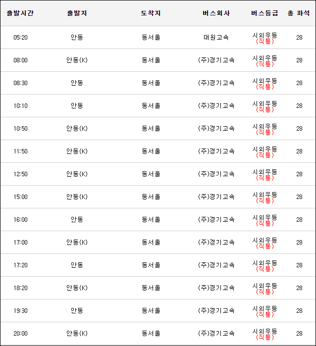 안동에서 동서울터미널 고속버스 시간표, 예매, 요금, 소요시간 안동에서 동서울터미널 고속버스 시간표, 예매, 요금, 소요시간