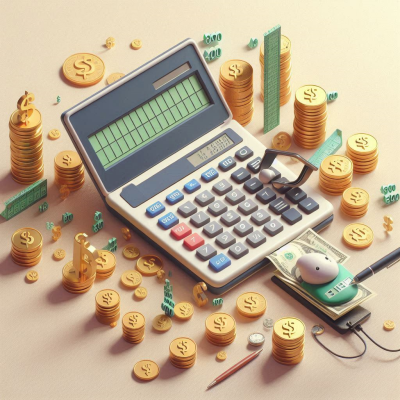 동전 더미 위에 놓인 계산기와 주변 사무용품