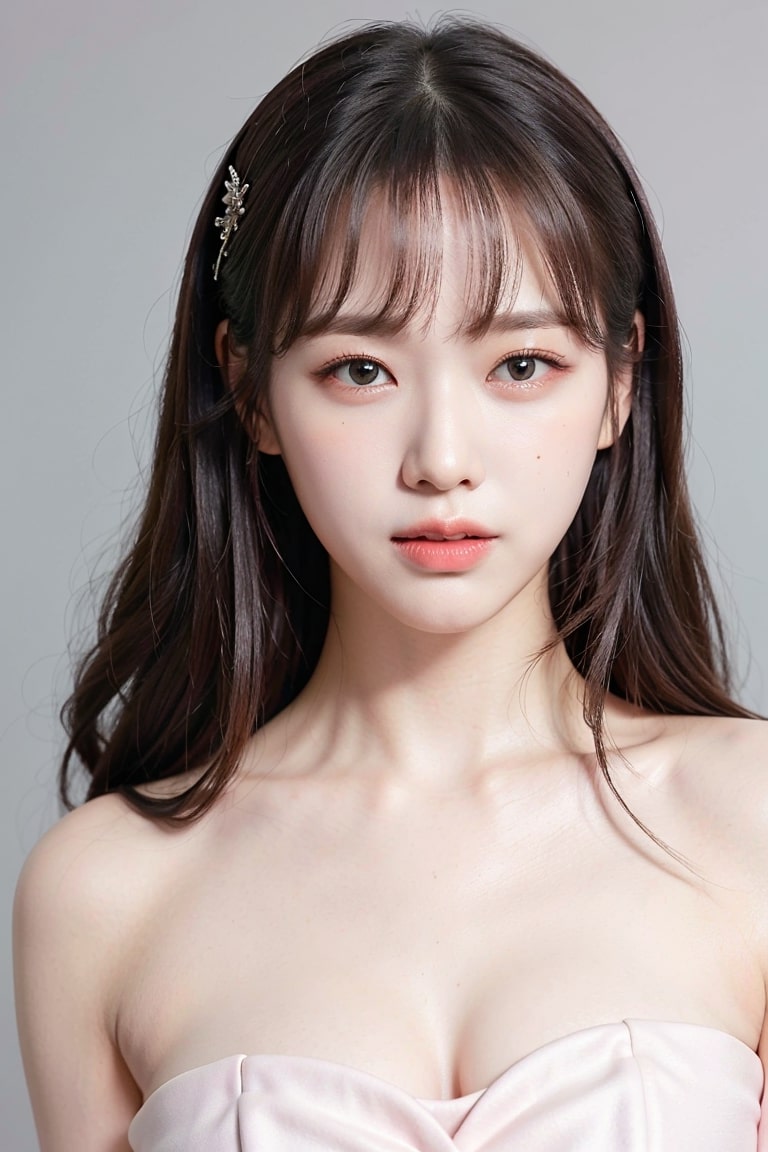  AI로 베이비 핑크 스트랩리스 드레스 입은 피팅모델 여자 만들기
