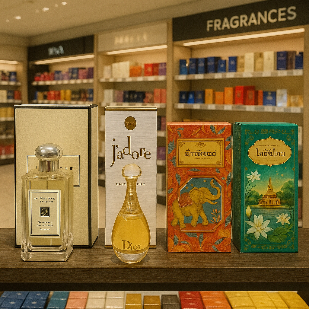 수완나품 공항 내부 면세점 Jo Malone, Dior, 태국 로컬 향수 패키지 전시 사진 /