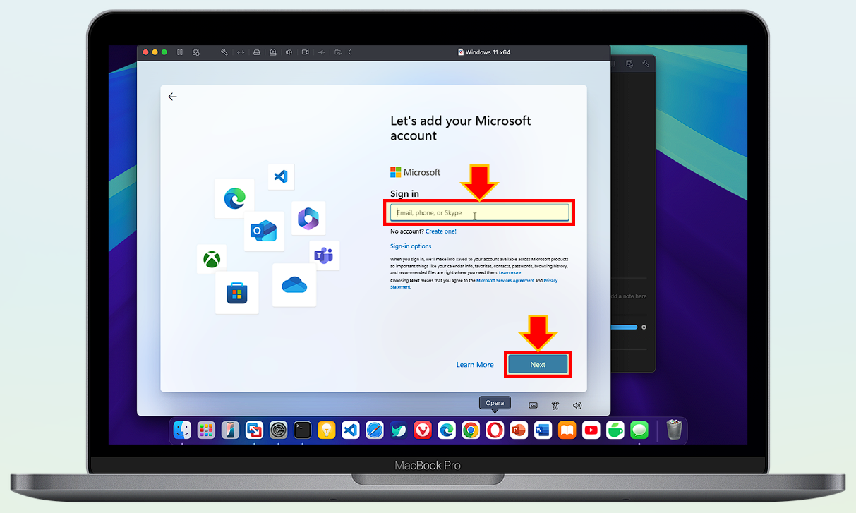 Microsoft 계정을 입력하고, "Next" 버튼을 선택하세요.