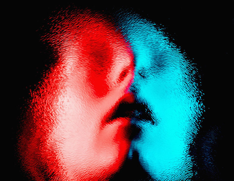 두 사람의 얼굴이 추상적으로 표현된 그림. 빨간 얼굴과 파란 얼굴이 서로 맞대고 있다.