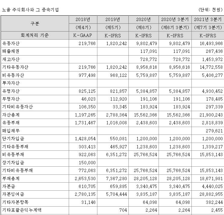 노을 재무제표